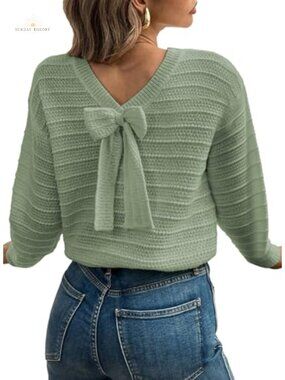 Womens Bow Sweater Pullover Knit Long Sleeve Crew Neck Fall Outfit